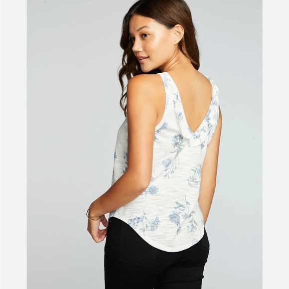 Chaser x Revolve Tank Top Slub Jersey Deep Ruffle V Back cottagecore floral 90s - Picture 1 of 10